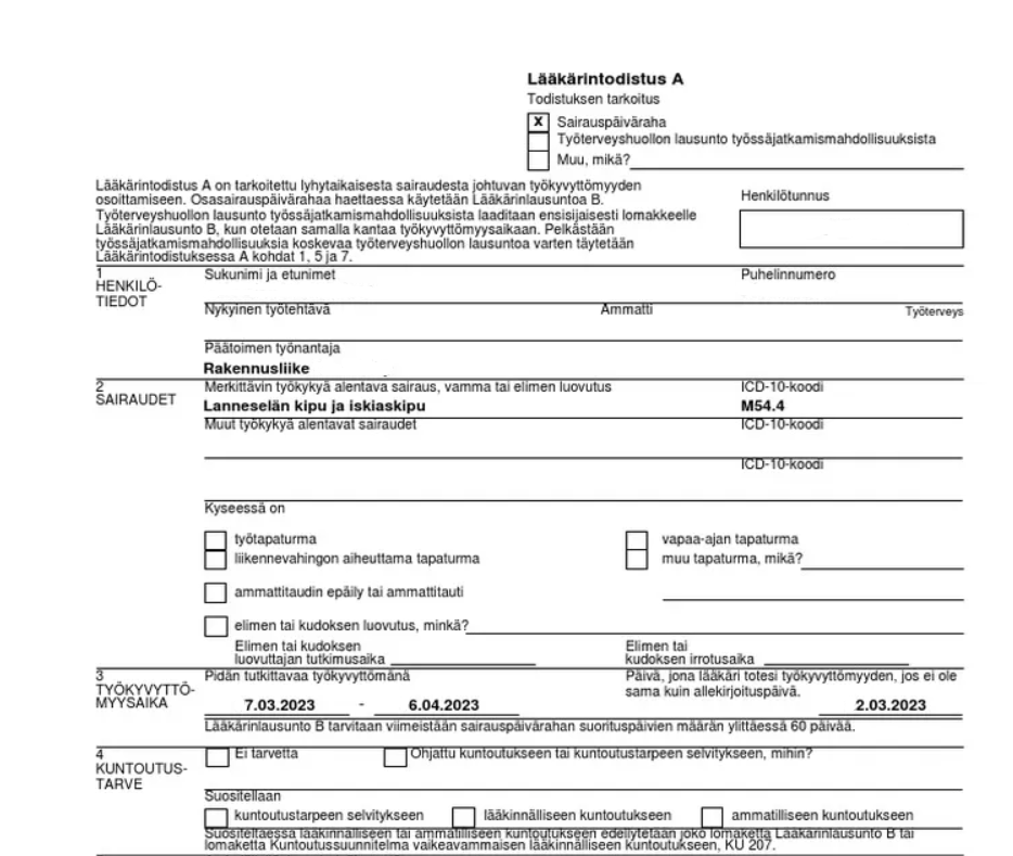 Kuva sairauslomatodistuksesta